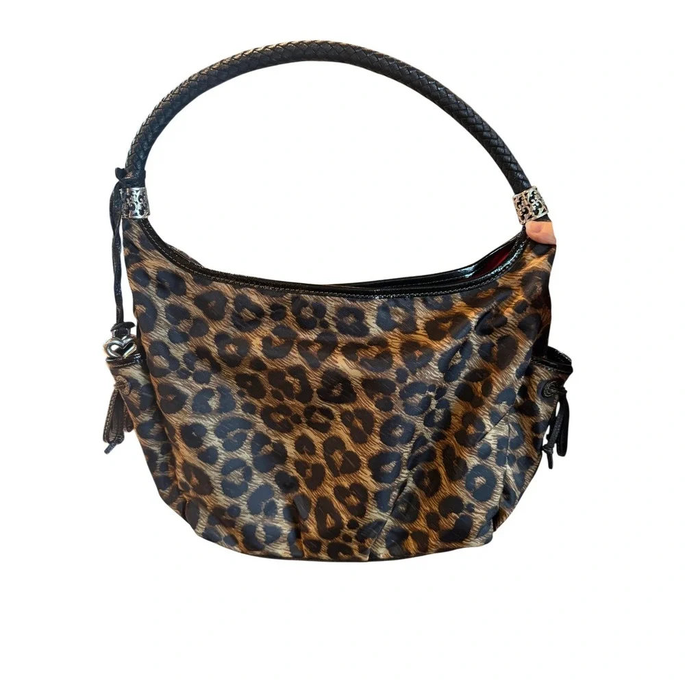 VTG Brighton Leopard Print Nylon Hobo Bag Braided Leather Handle Silver Y2K